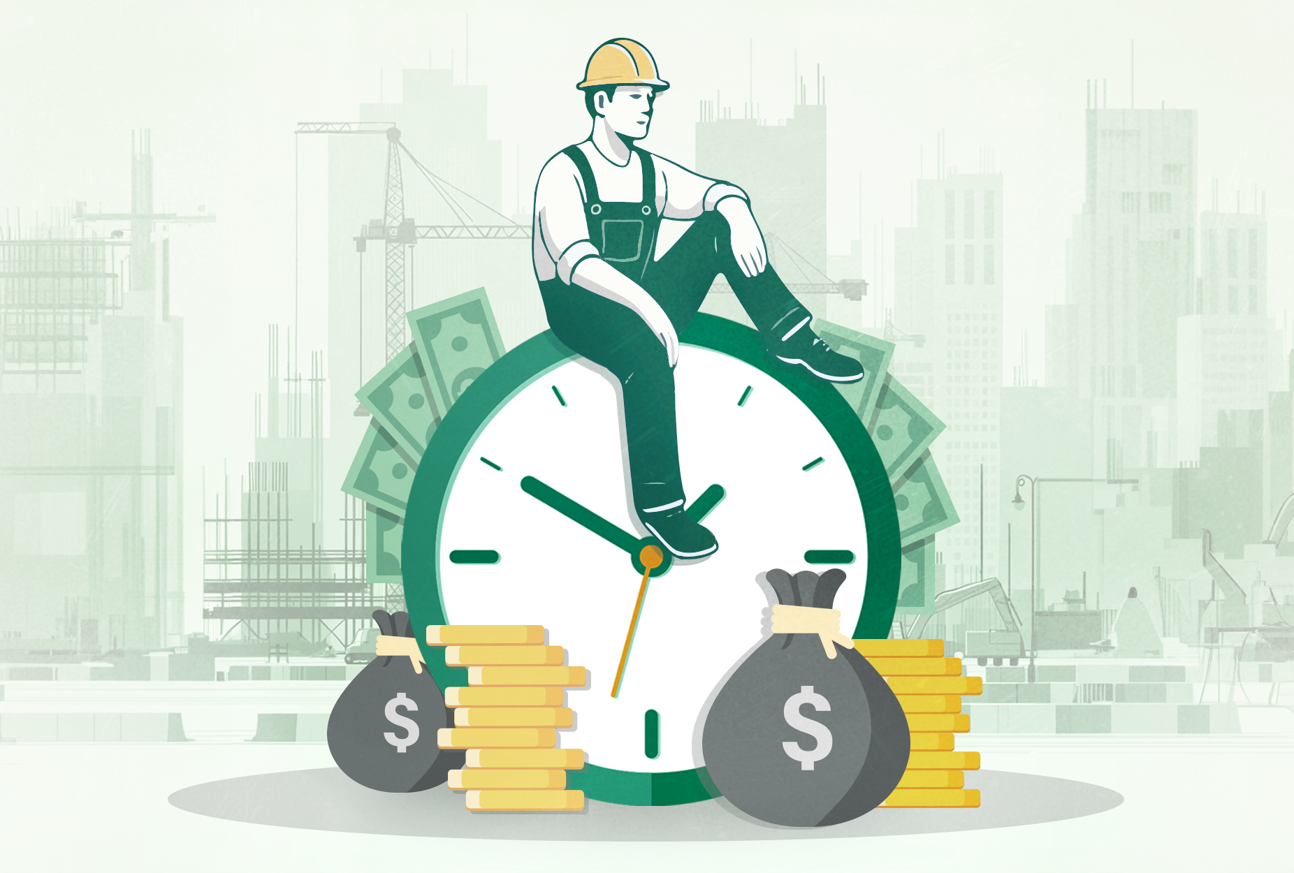 Wage and hour. Person on top of clock