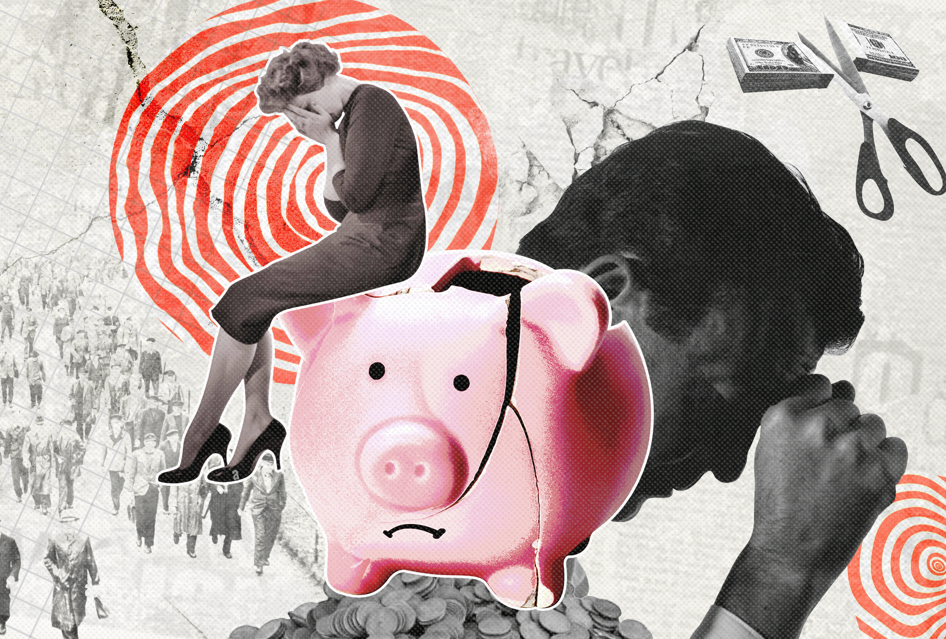 Cut wages-woman sitting on cracked piggy bank