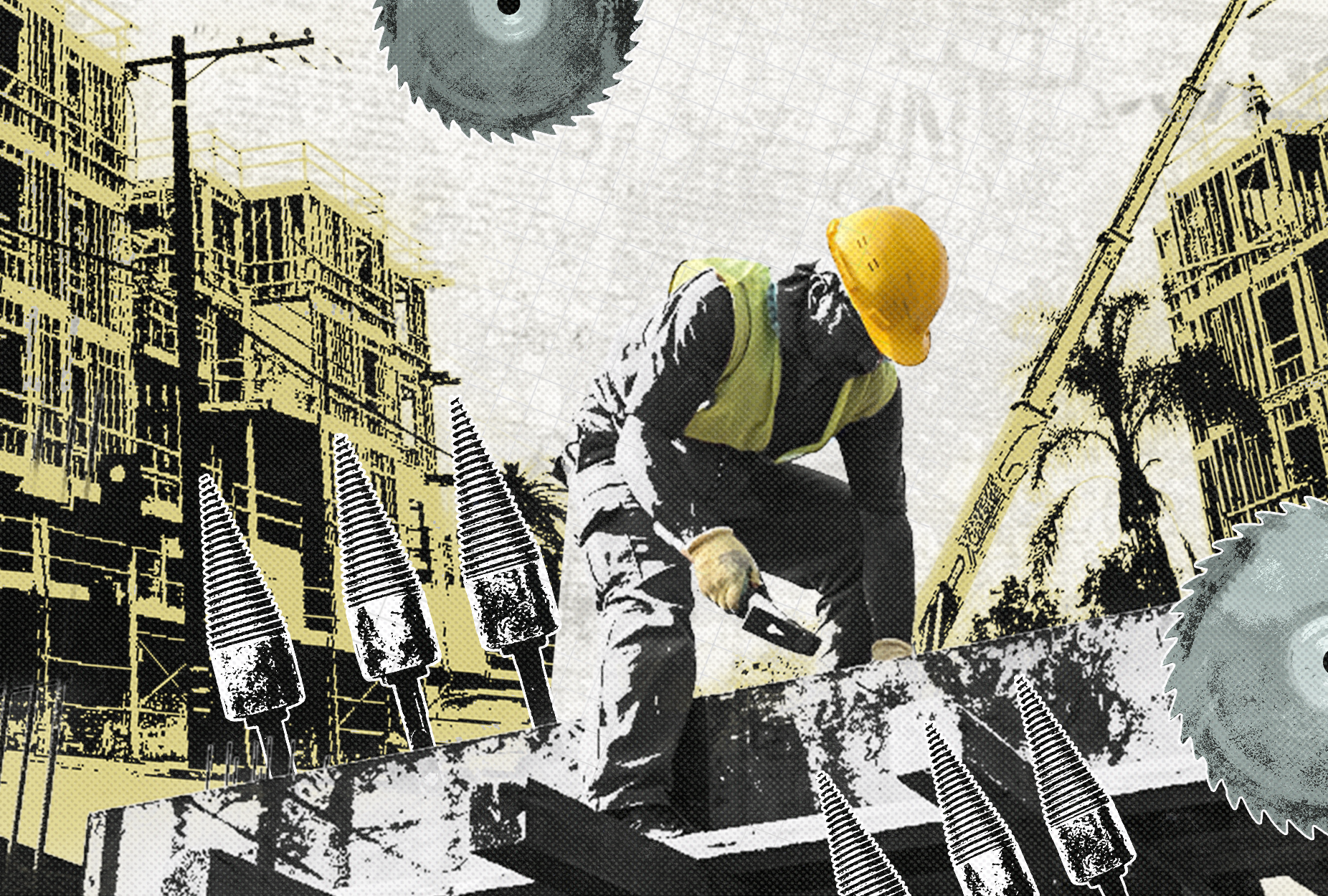 Unsafe workplace worker in hardhat outside on construction site