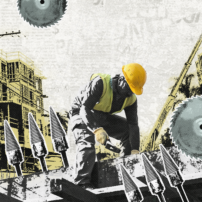 Unsafe workplace worker in hardhat outside on construction site