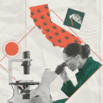 cannabis testing-woman at microscope with ca state shape