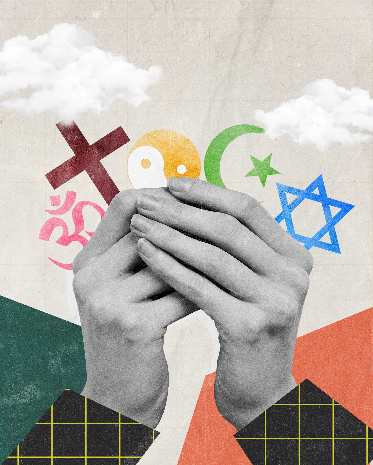 Religious time off. Hands holding different religious symbols