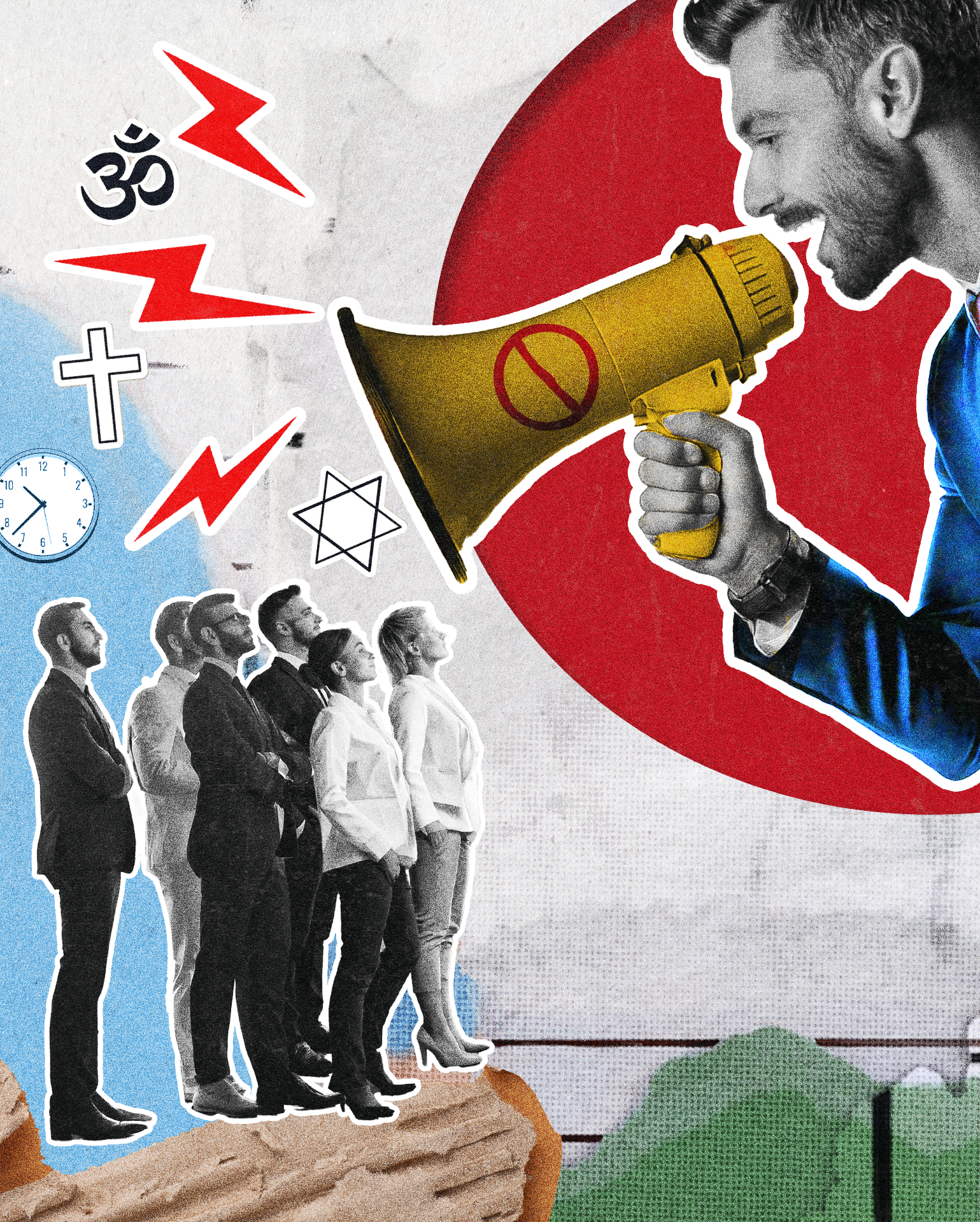 Captive Audience Ban-Man yelling through megaphone at group of people