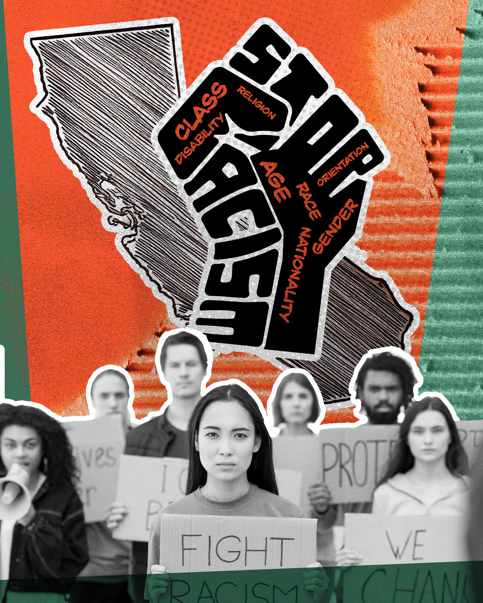 People protesting with state of CA in background and Big Stop Racism Fist