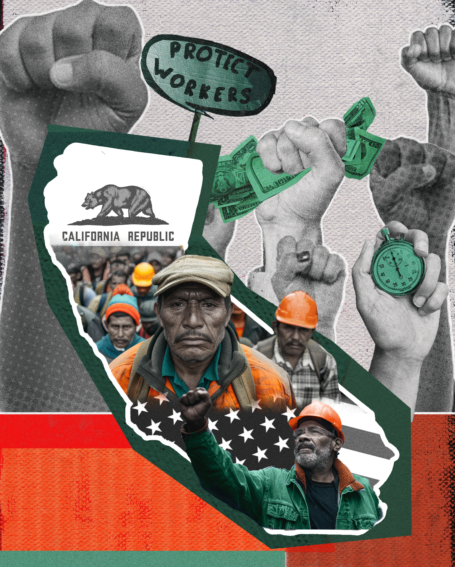 Immigrant workers against state of CA background with American flag