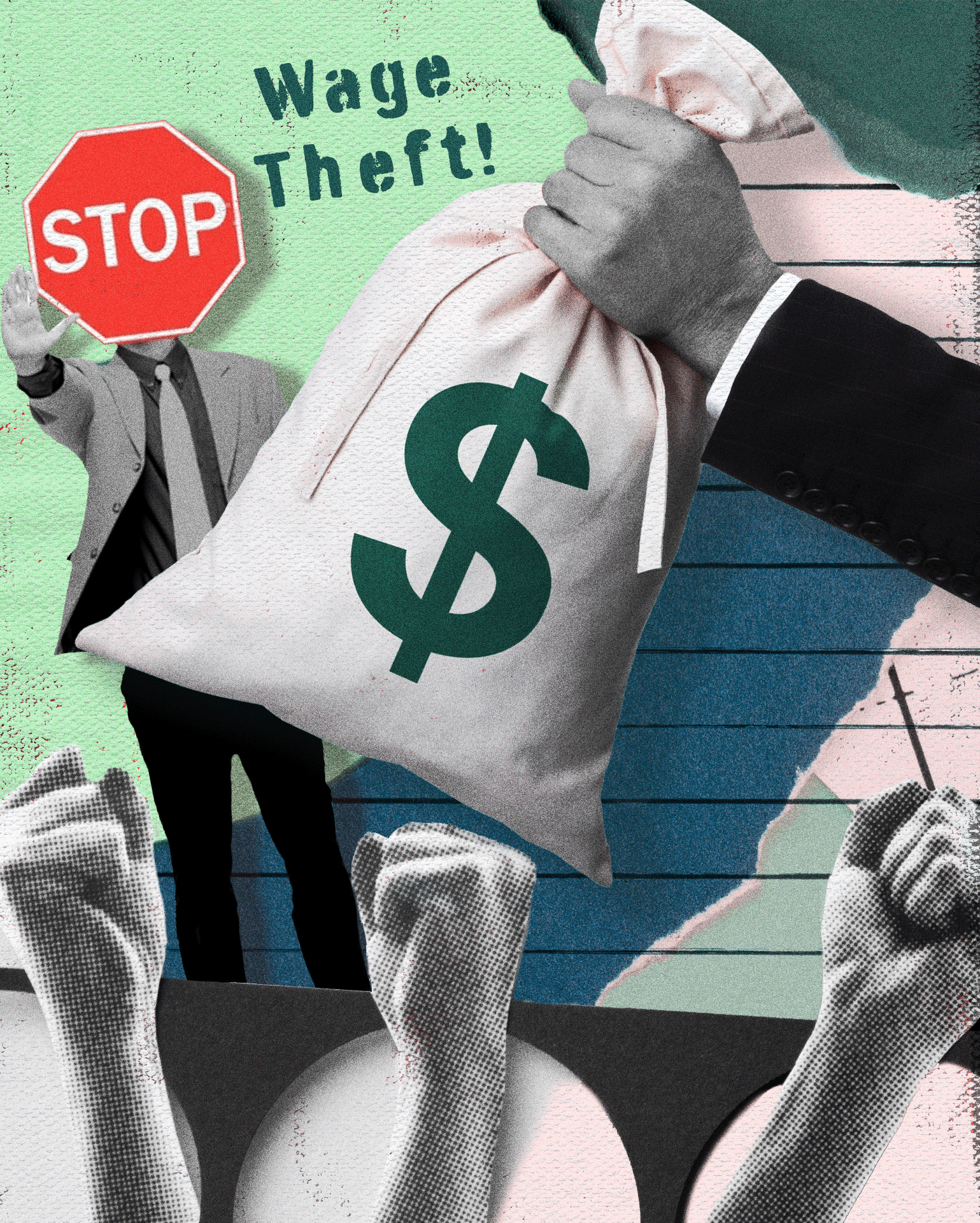 Wage Theft- Person holding bag of money with fists raised