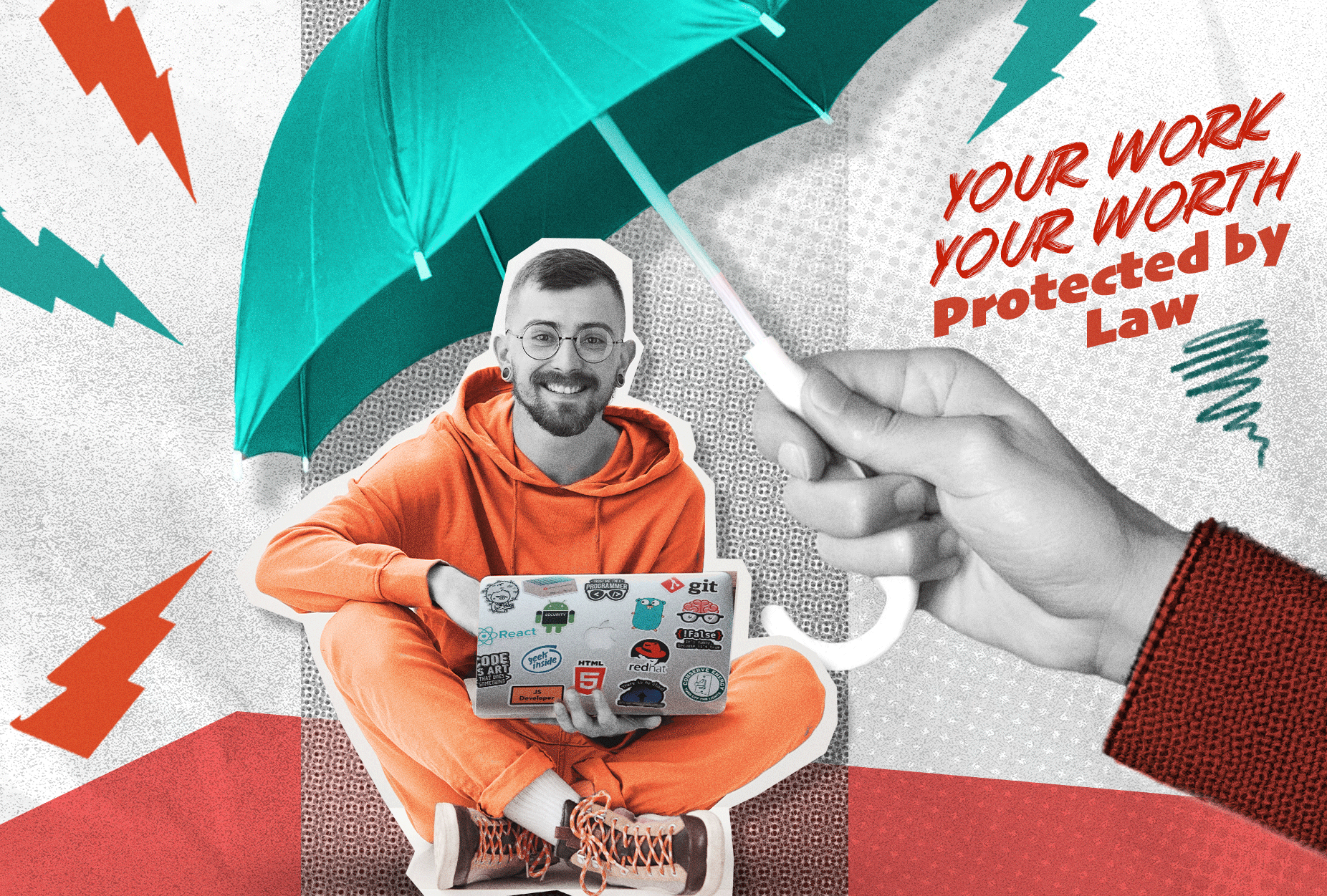 Freelance Worker Protection Act- Man sitting under umbrella with laptop