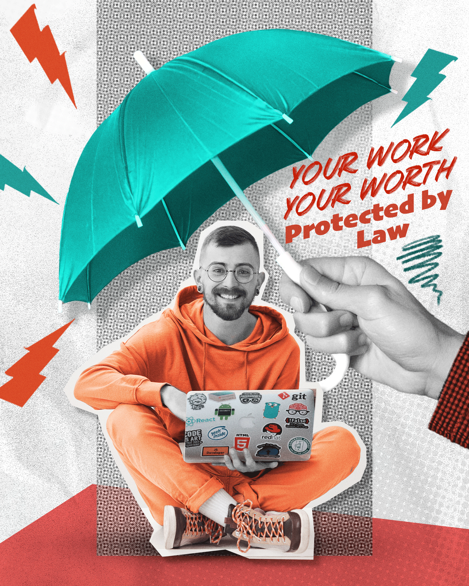 Freelance Worker Protection Act- Man sitting under umbrella with laptop