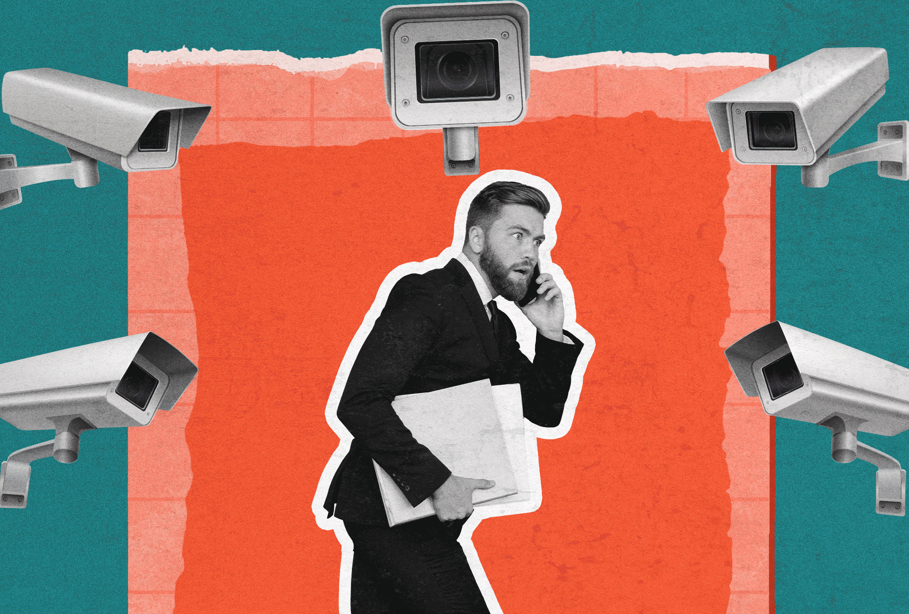 Workplace Surveillance Laws- Man in center with cameras around him