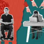 Workplace Harassment & Discrimination- Man in wheelchair and seated at desk