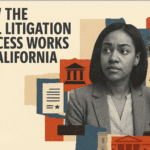 Civil Litigation in CA. Woman in front of Capital and scales