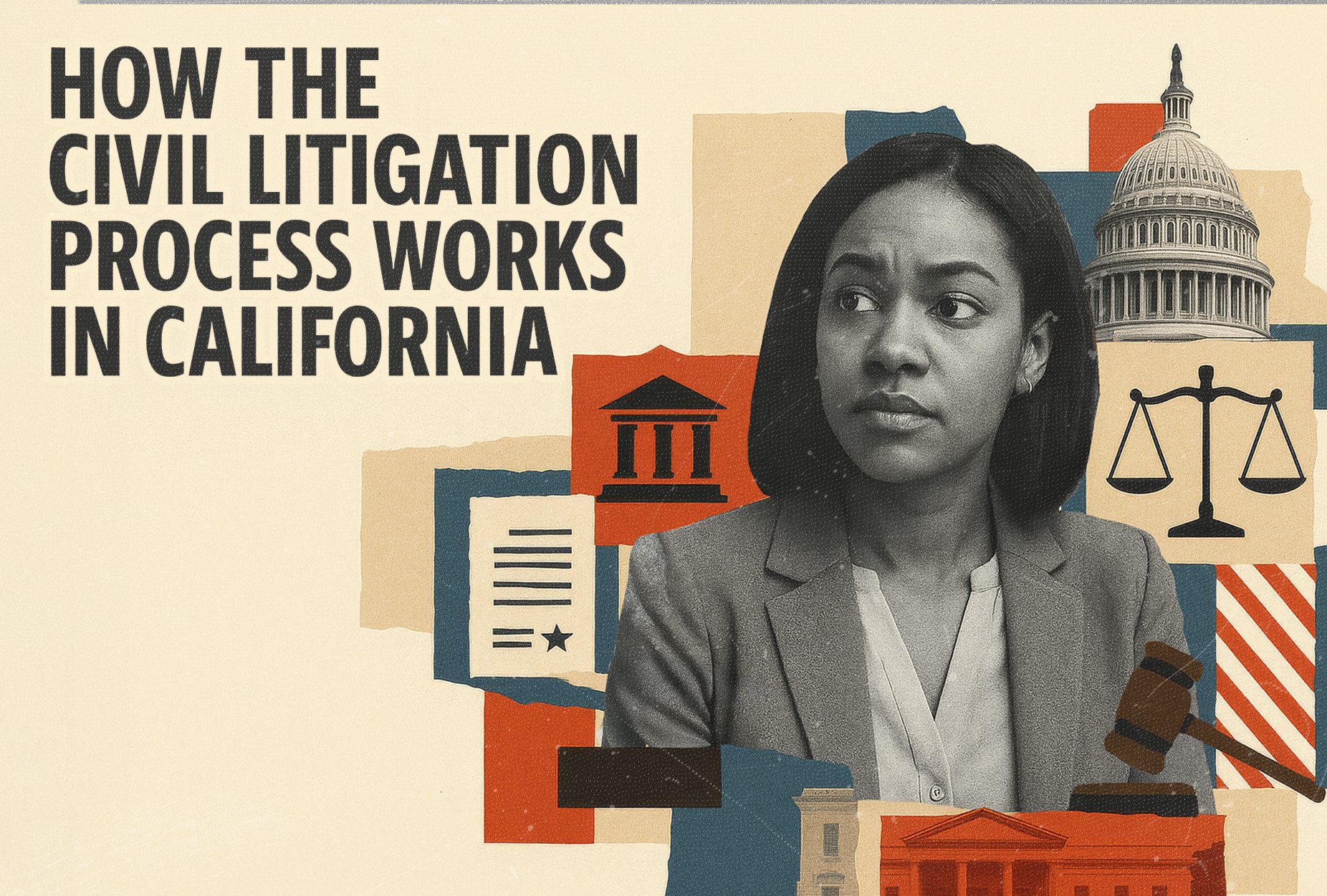 Civil Litigation in CA. Woman in front of Capital and scales