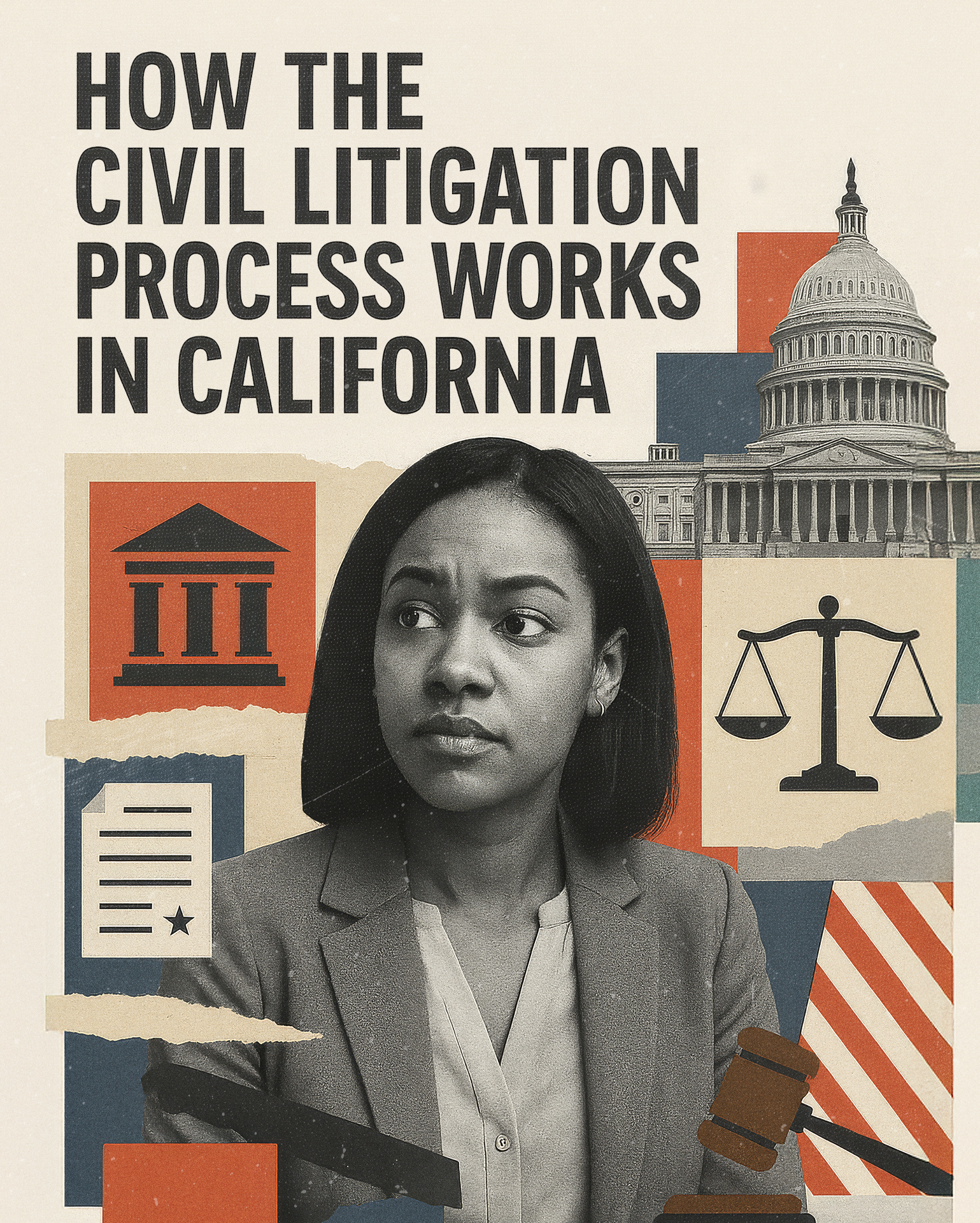 Civil Litigation in CA. Woman in front of Capital and scales