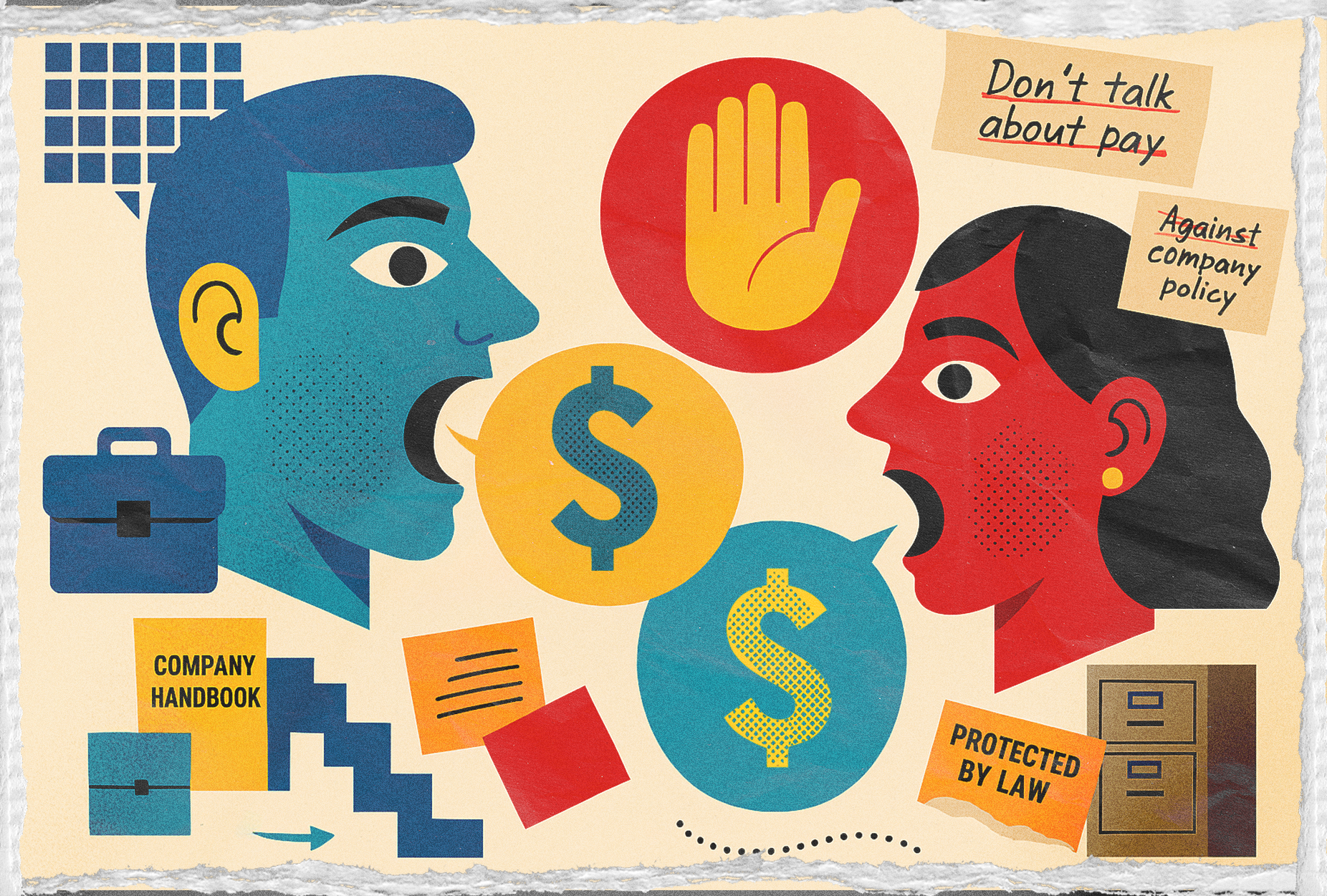 Employment pay-two people talking with money speech bubbles