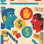 Employment pay-two people talking with money speech bubbles