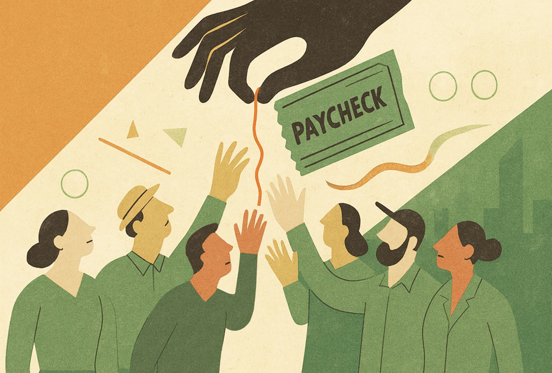 Withholding pay- big hand pulling paycheck away from group of people