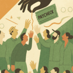 Withholding pay- big hand pulling paycheck away from group of people
