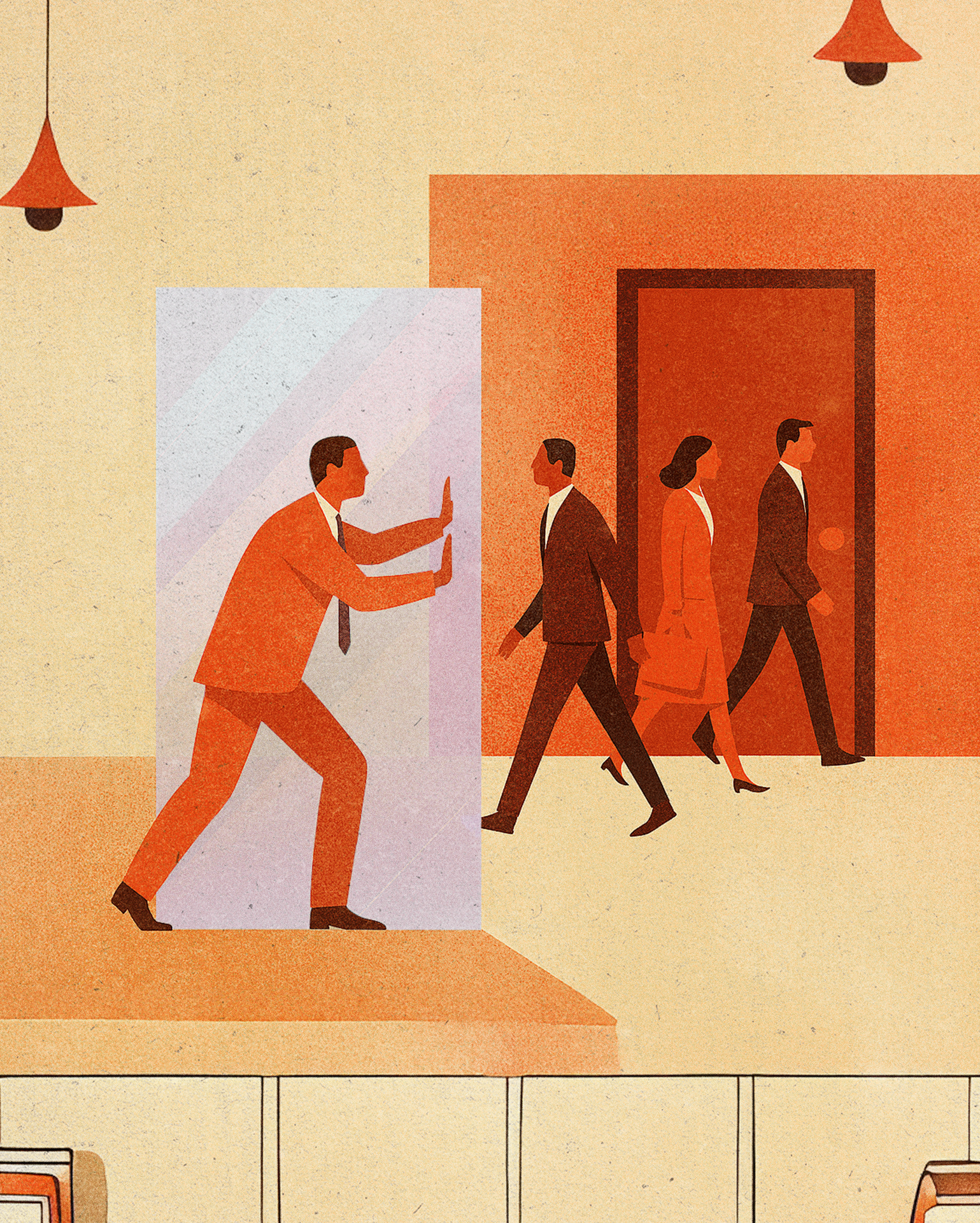 Discrimination-person pushing against closed space within office