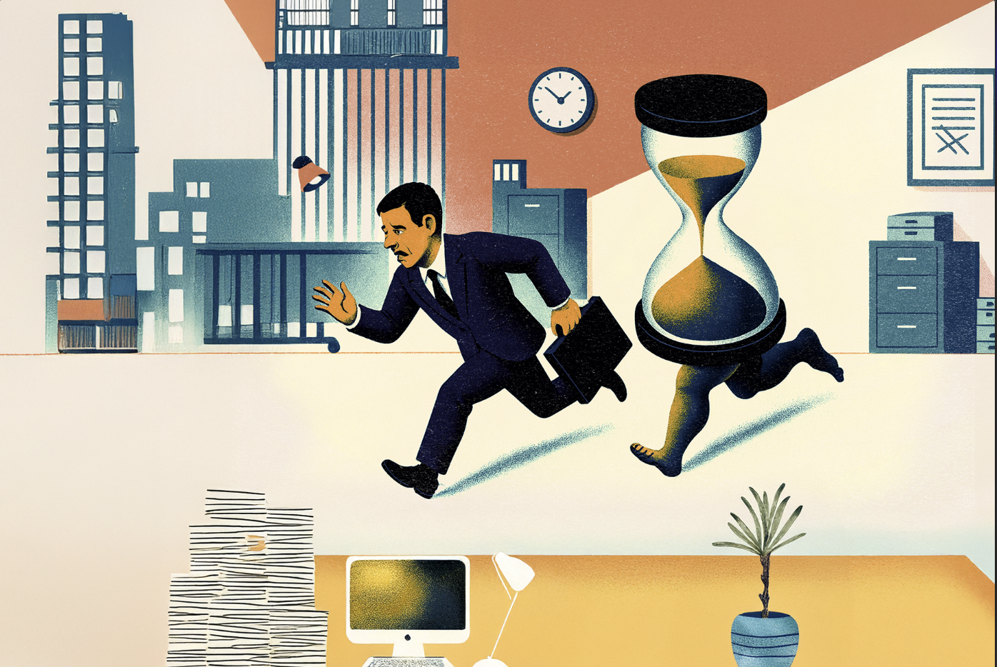 Overtime-man running from hour glass in office
