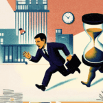 Overtime-man running from hour glass in office