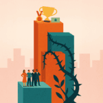 Gender discrimination at work-people standing on lower column with rewards on tallest column