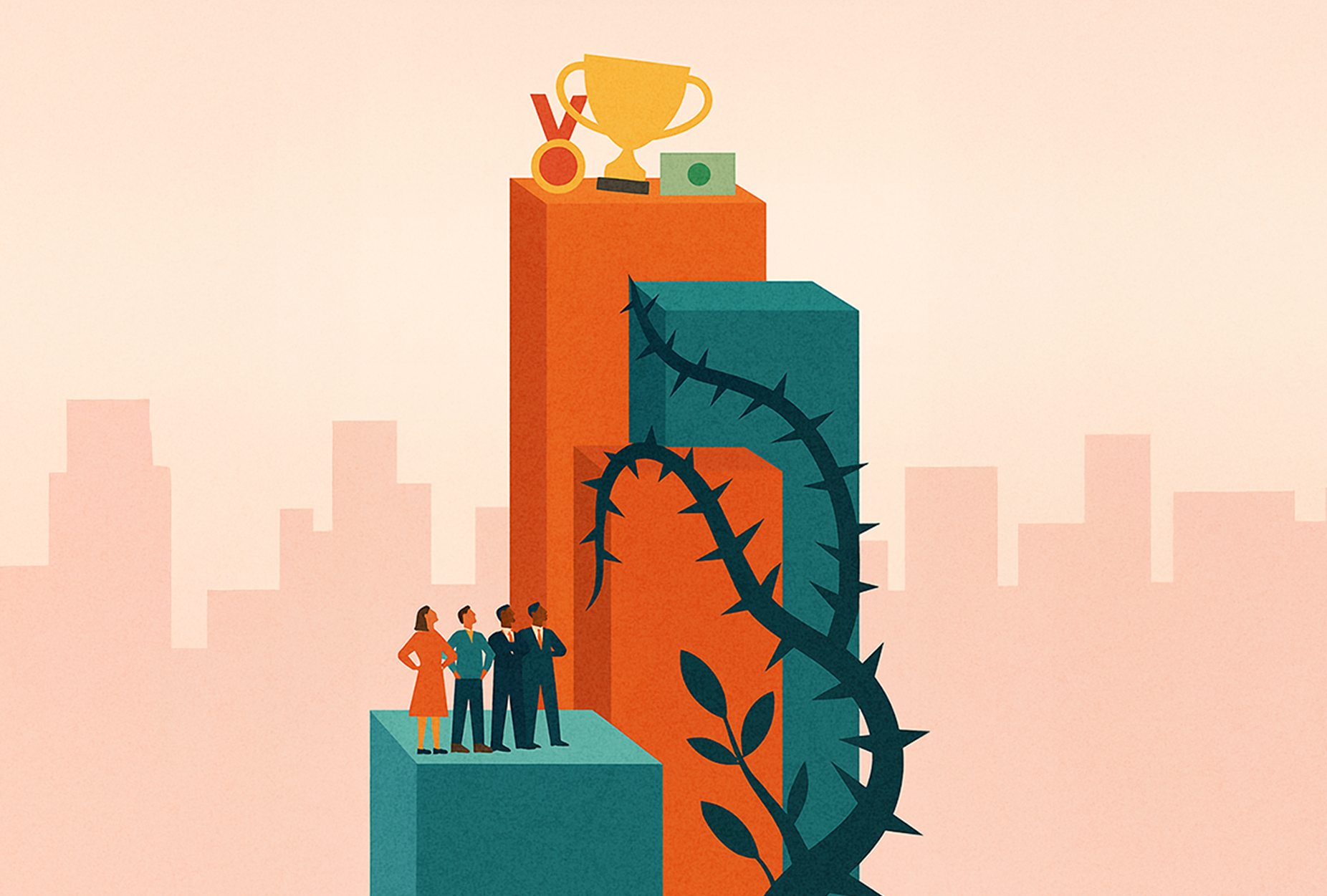 Gender discrimination at work-people standing on lower column with rewards on tallest column
