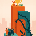 Gender discrimination at work-people standing on lower column with rewards on tallest column