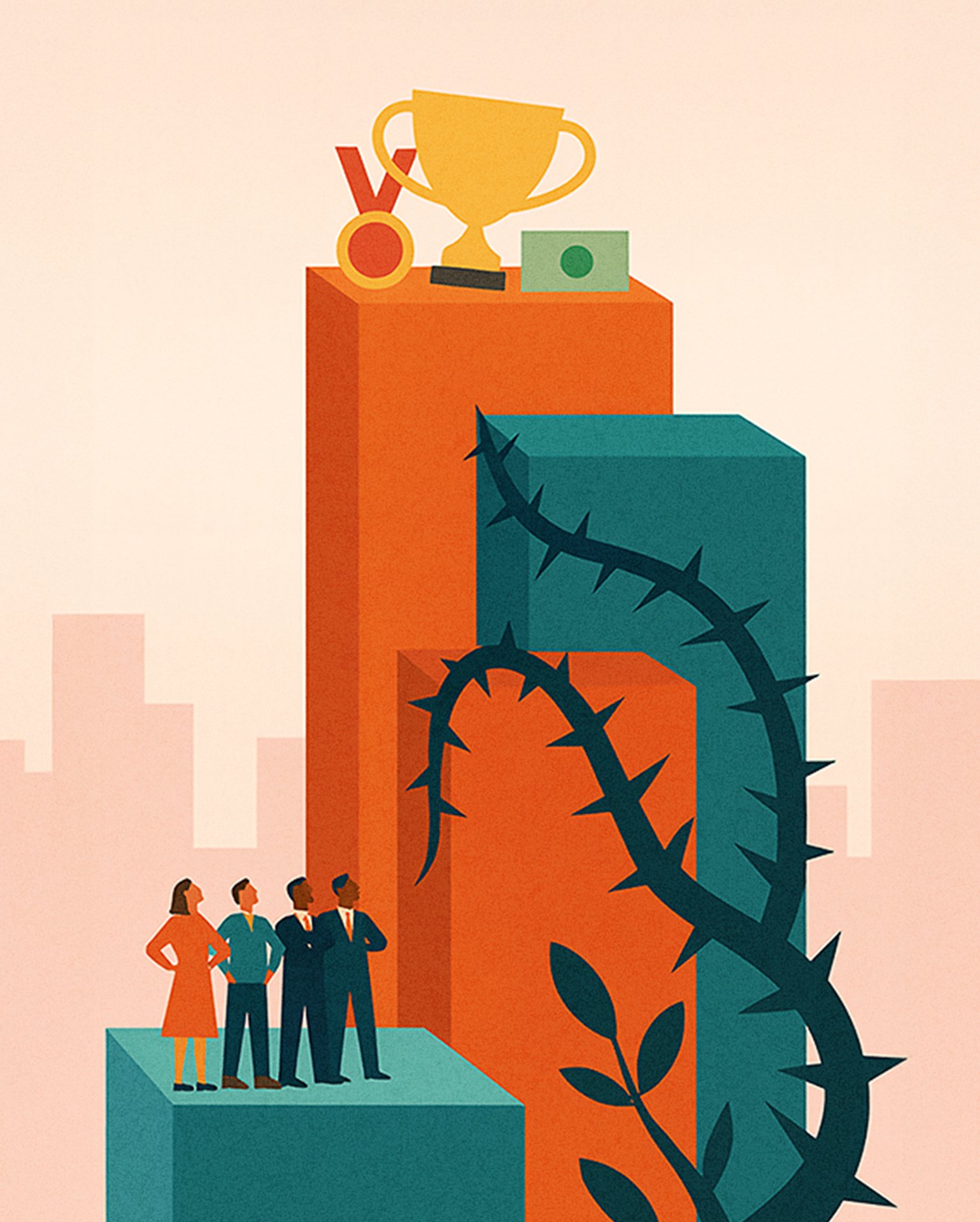 Gender discrimination at work-people standing on lower column with rewards on tallest column