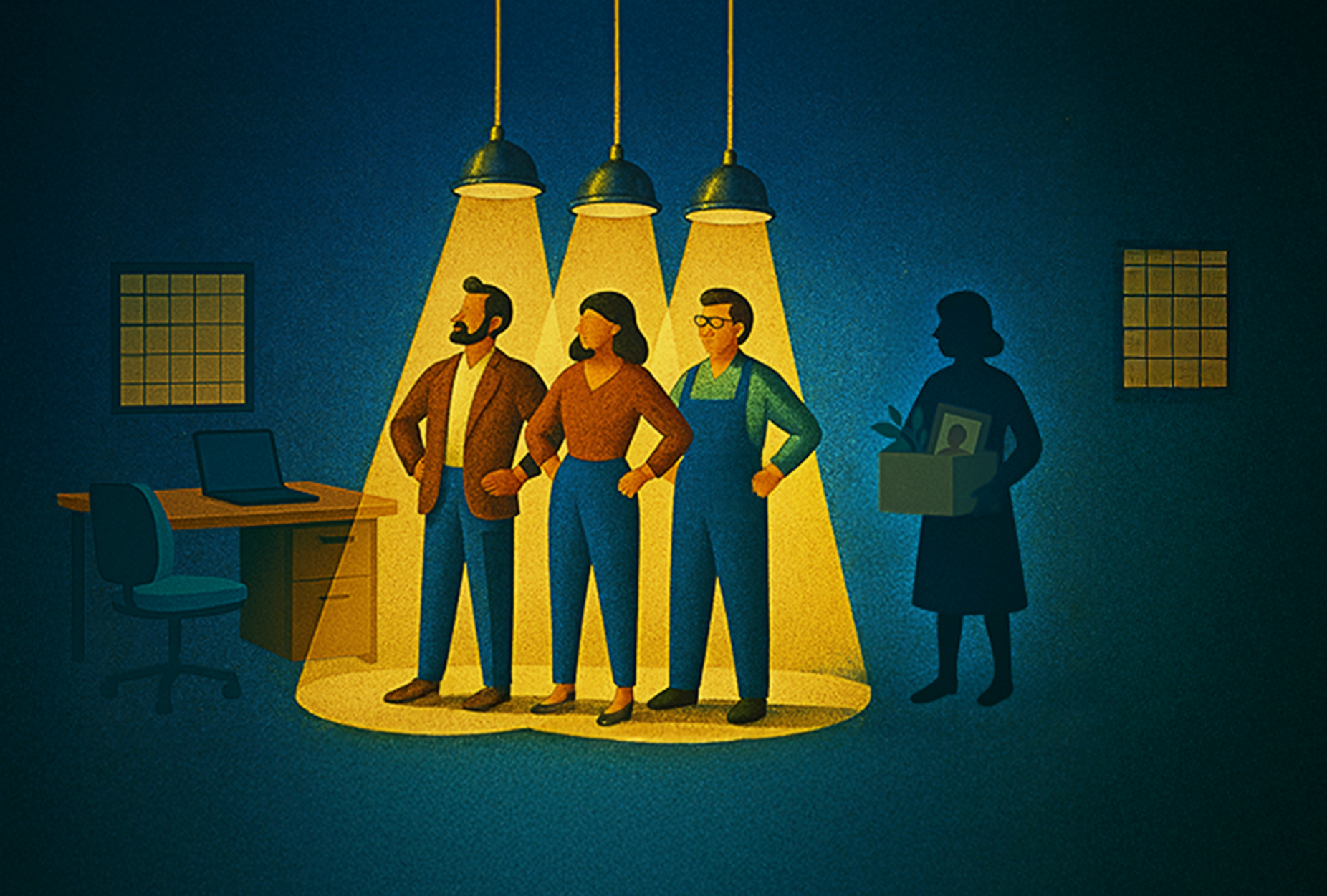 prove retaliation-three people standing under beams of light