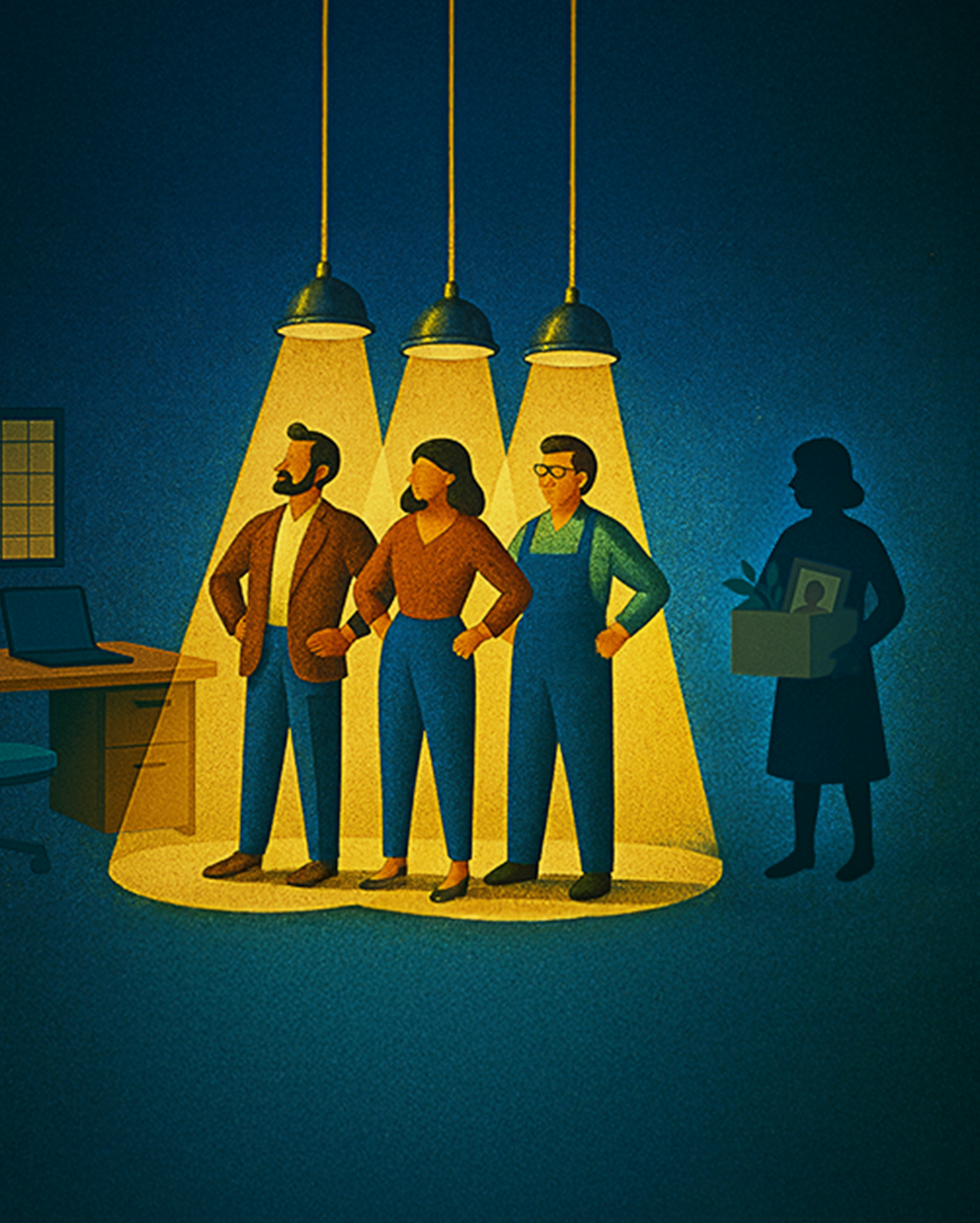 prove retaliation-three people standing under beams of light