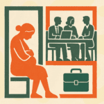 Can you be fired for being pregnant? Pregnant woman sitting in a chair away from workers at a table.