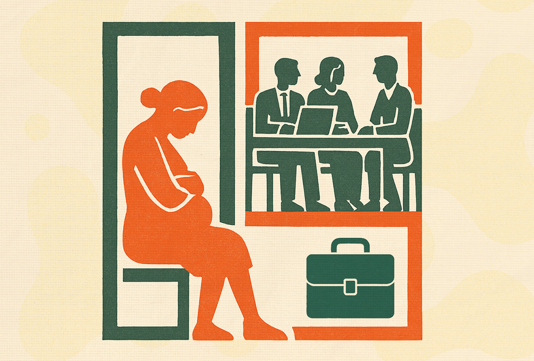 Can you be fired for being pregnant? Pregnant woman sitting in a chair away from workers at a table.