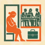 Can you be fired for being pregnant? Pregnant woman sitting in a chair away from workers at a table.