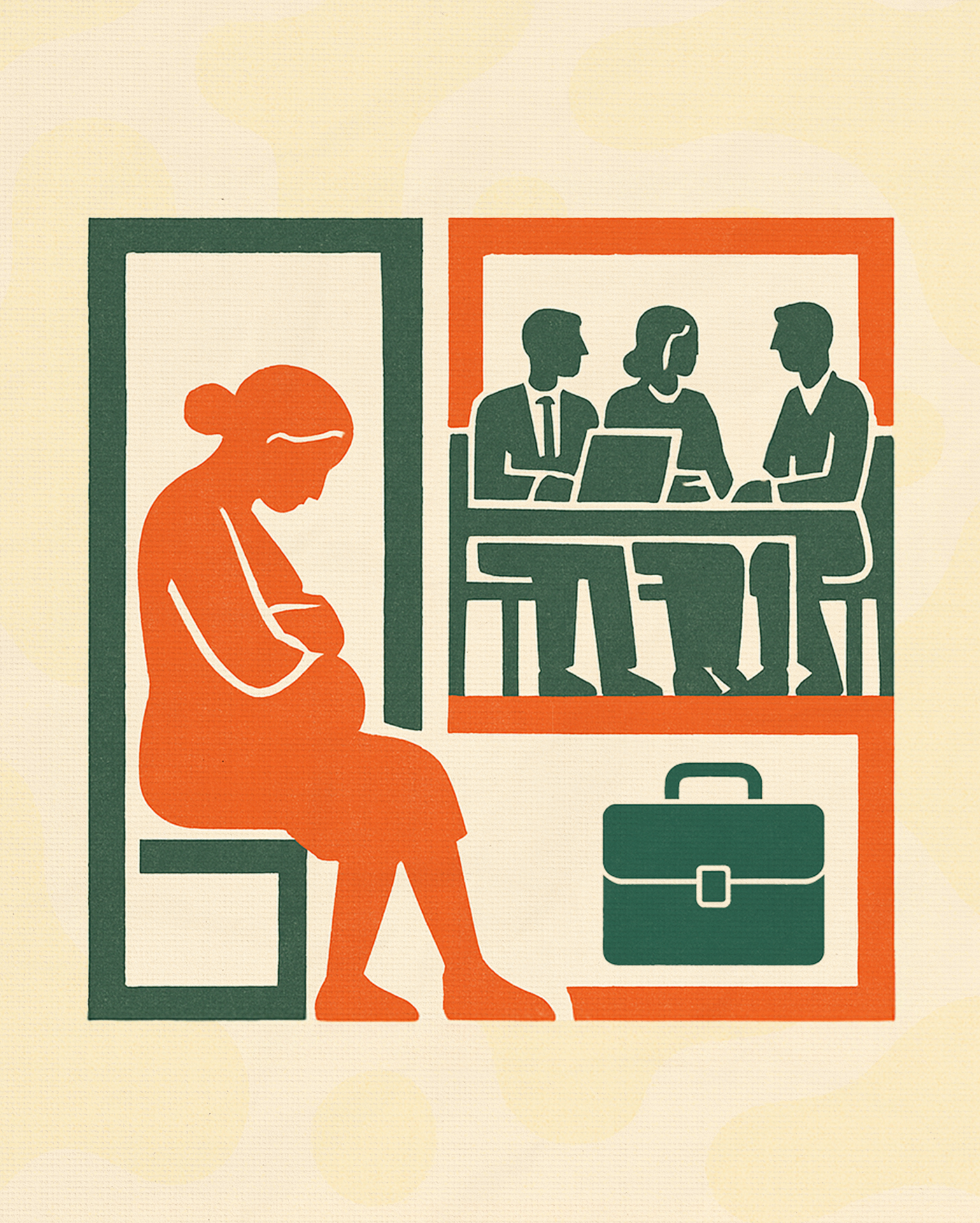 Can you be fired for being pregnant? Pregnant woman sitting in a chair away from workers at a table.