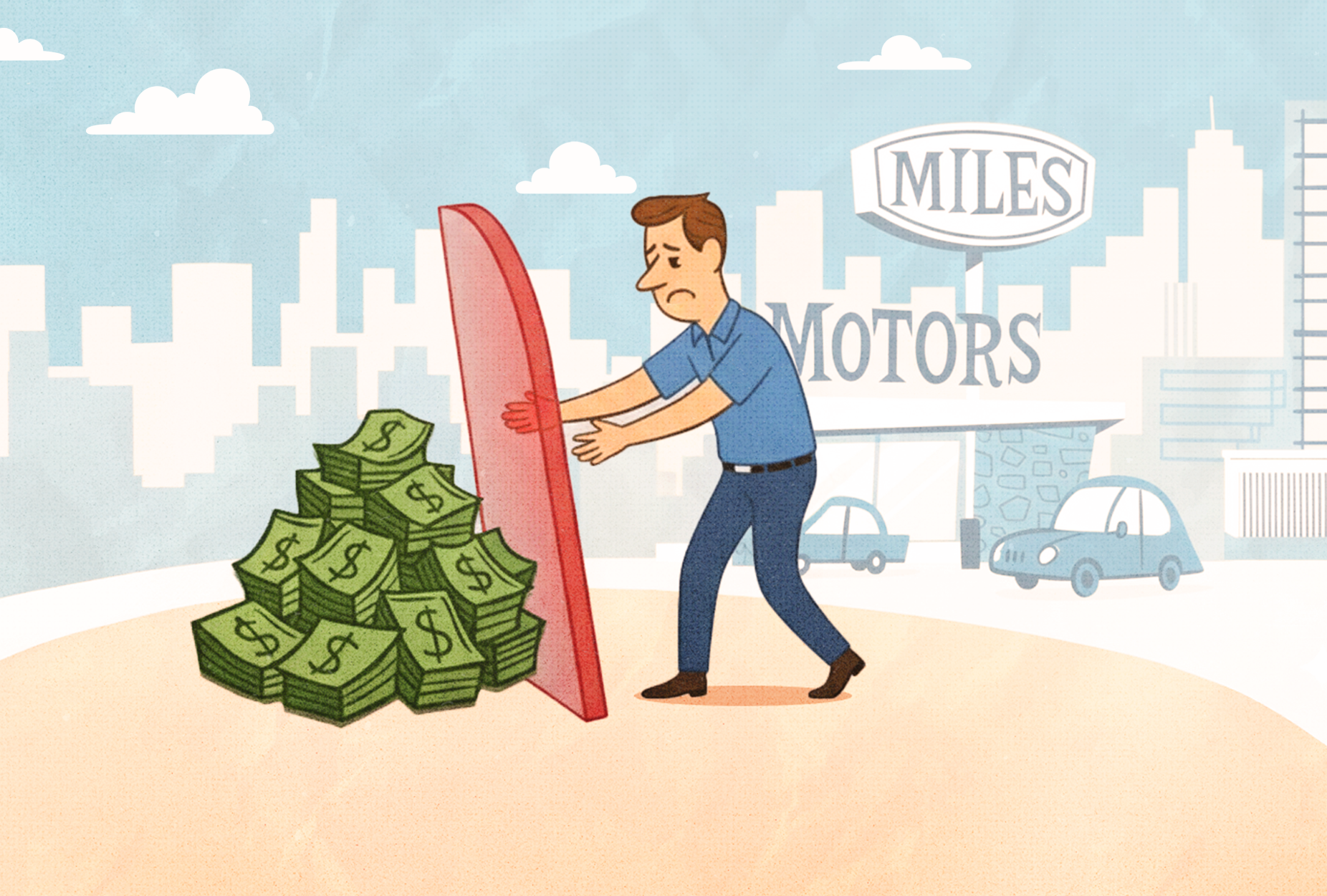 Withhold commission-man holding door blocking a pile of cash.