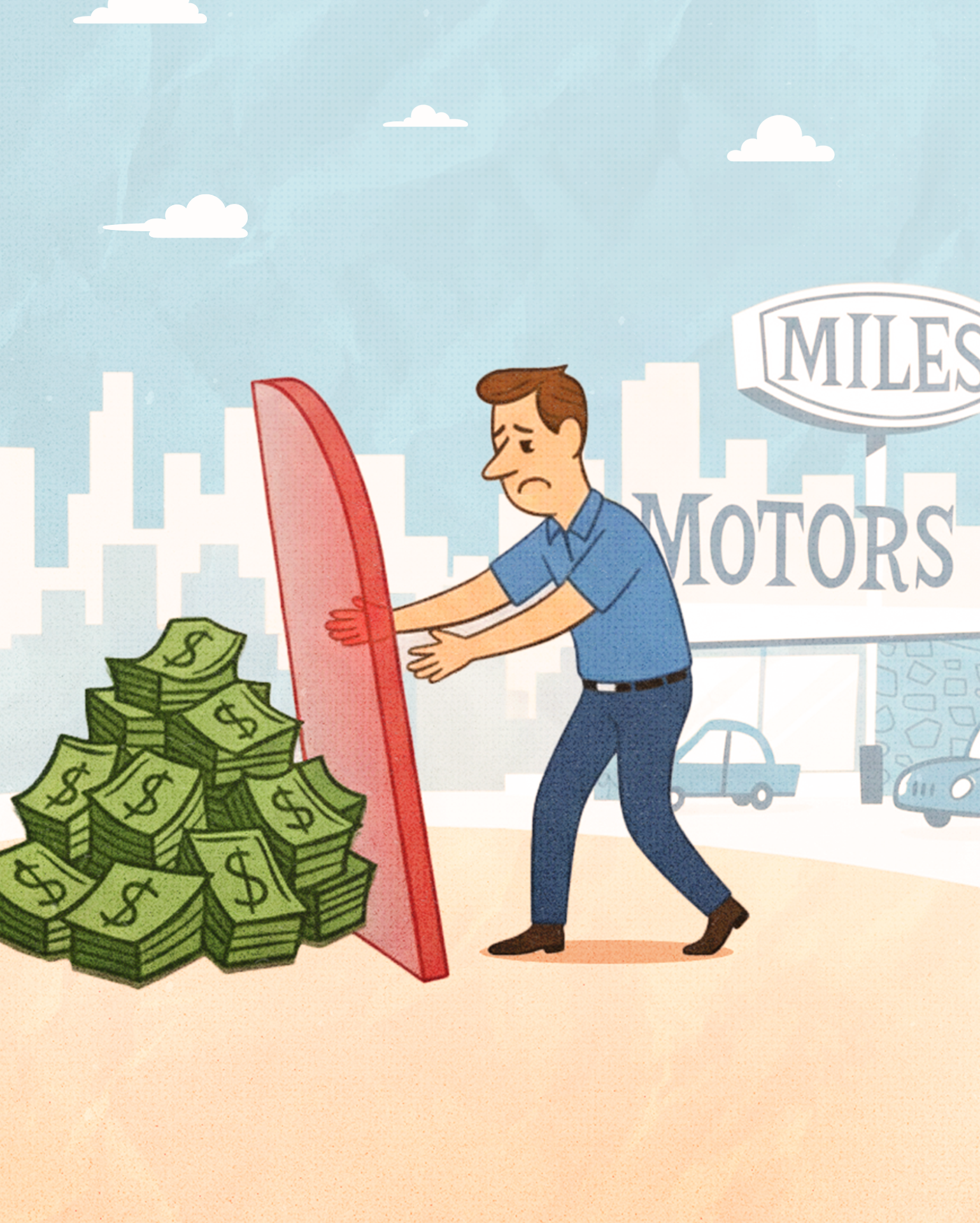 Withhold commission-man holding door blocking a pile of cash.