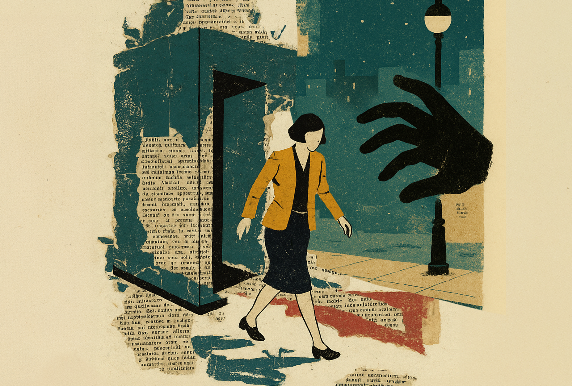 Sexual harassment- woman walking out of door with dark hand reaching toward her