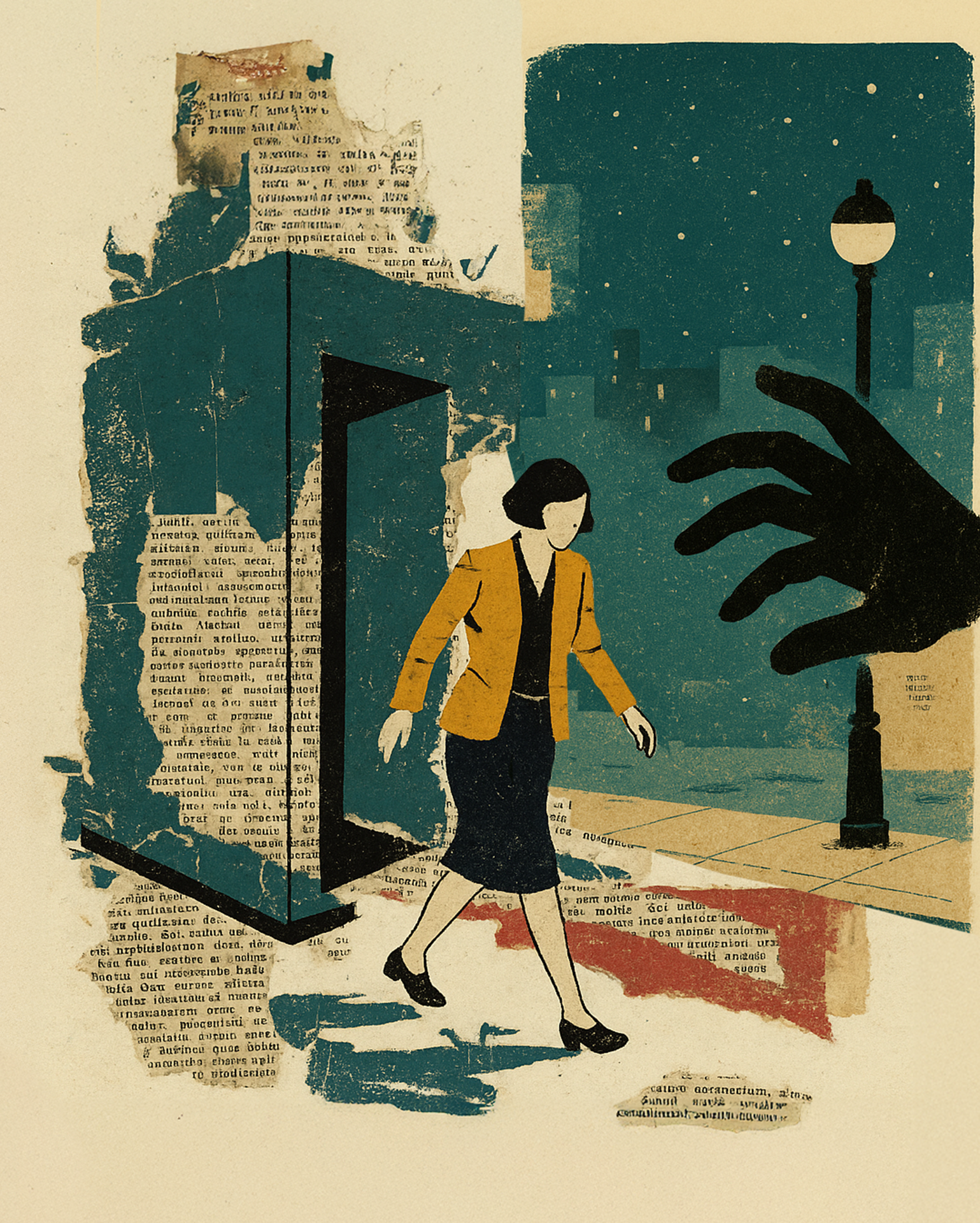 Sexual harassment- woman walking out of door with dark hand reaching toward her