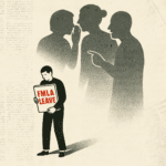 Person walking away from group of people's shadows talking carrying FMLA leave sign. FMLA harassment