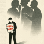 Person walking away from shadows talking holding an FMLA leave sign. FMLA harassment