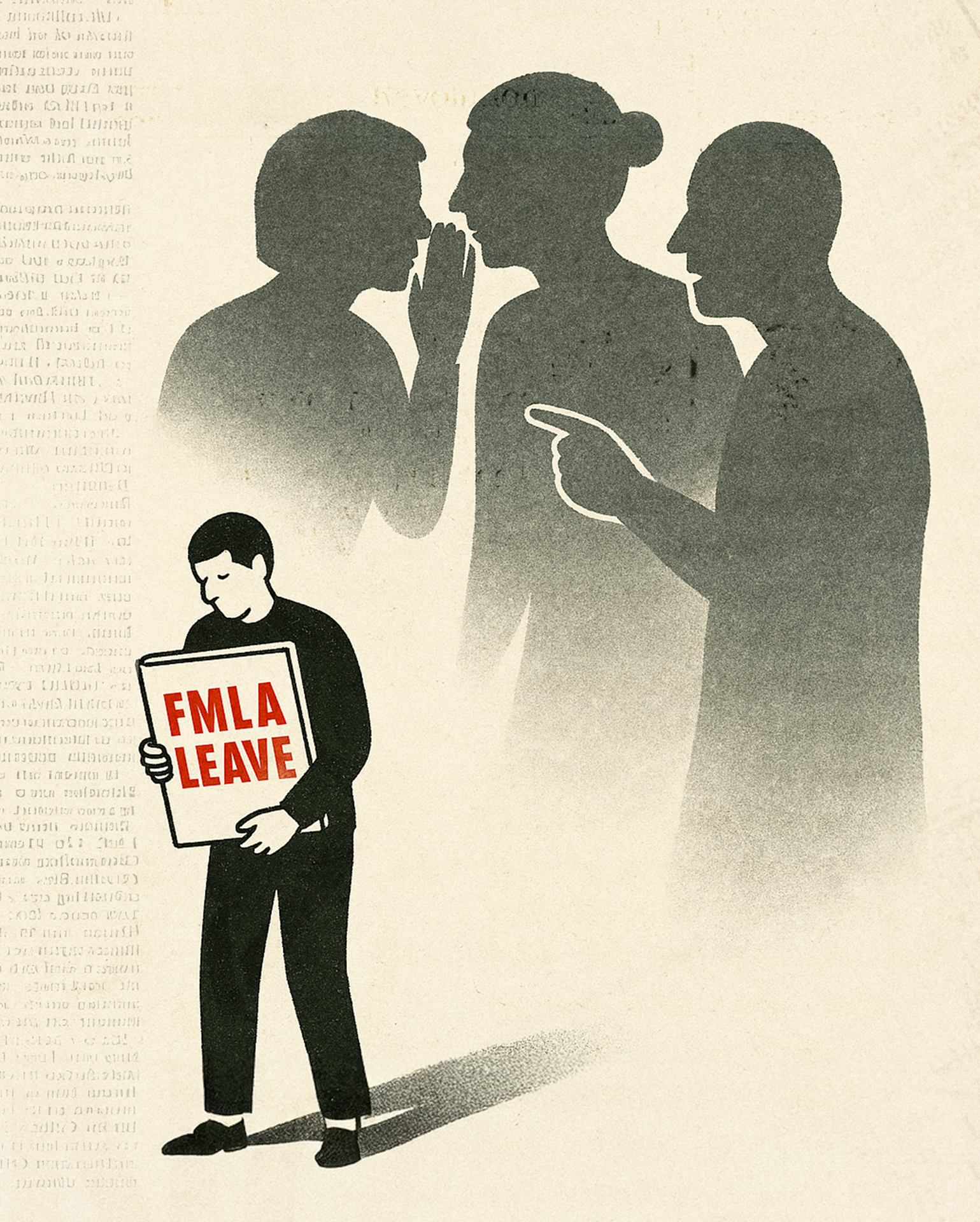 Person walking away from shadows talking holding an FMLA leave sign. FMLA harassment