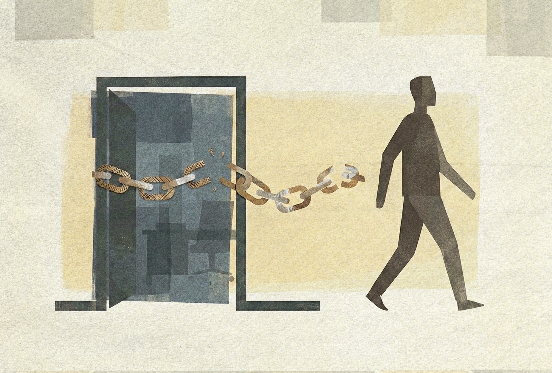 Employment-Linked Debt-Man leaving door with broken chain behind him