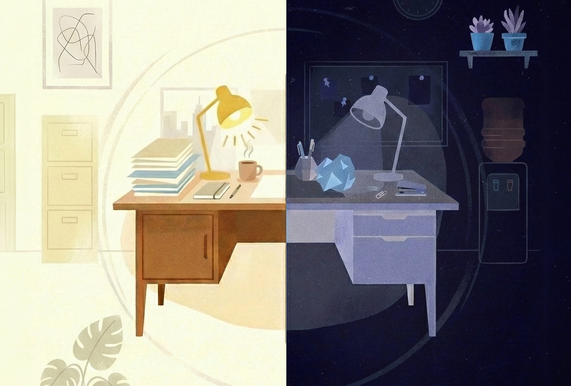 Marital Status Discrimination-office desk split between daylight and darkness