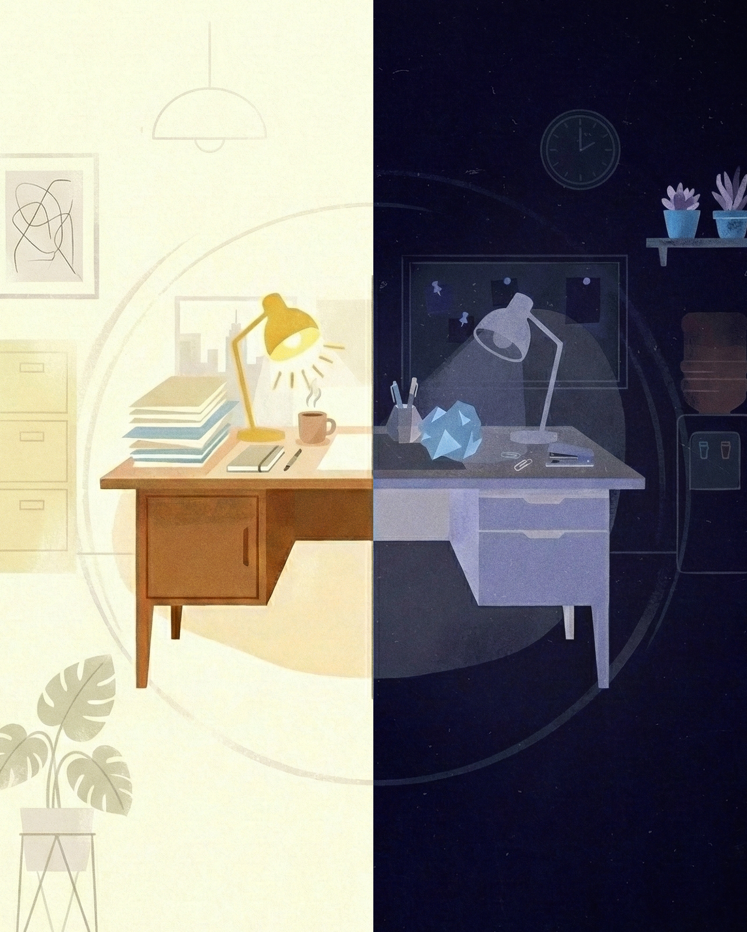 Marital Status Discrimination-office desk split between daylight and darkness