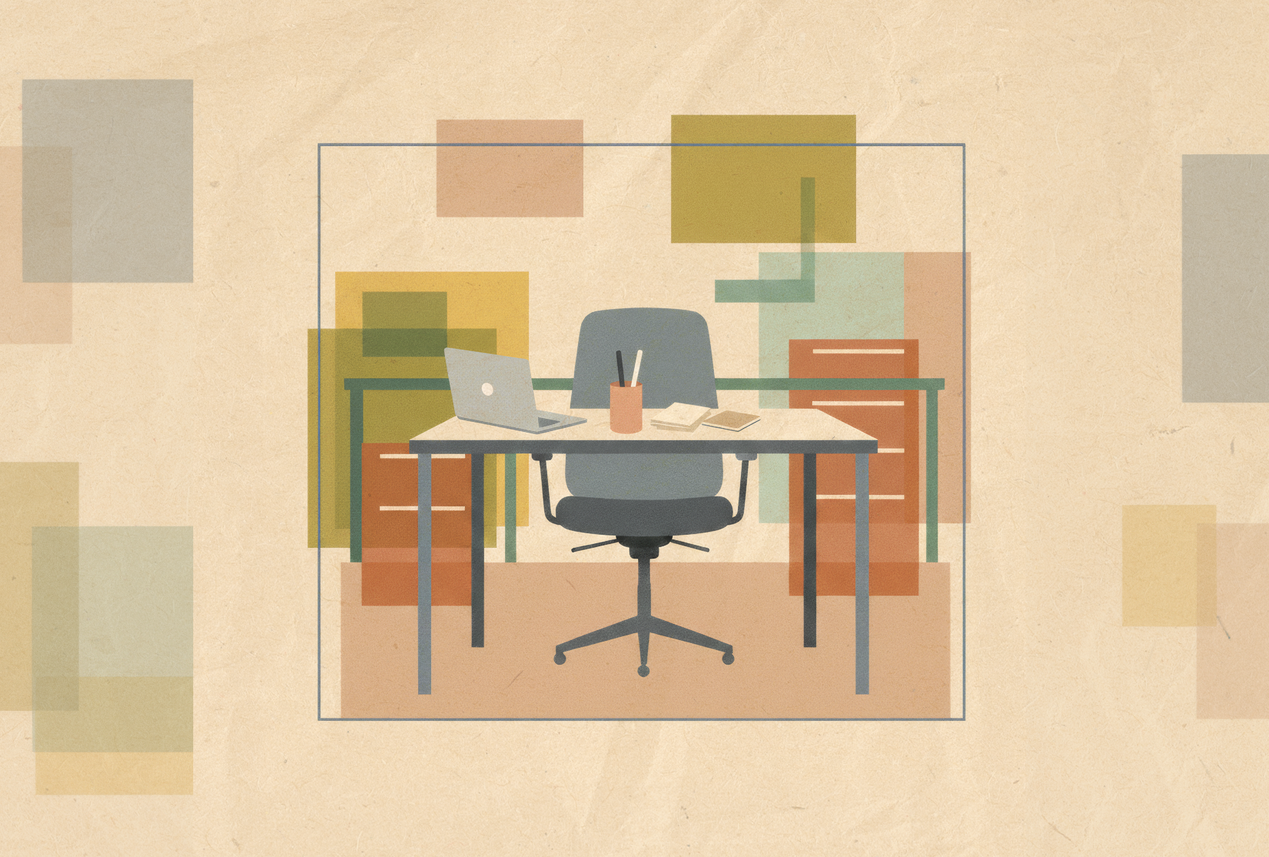 Maternity Leave-desk with laptop and empty chair behind. office background