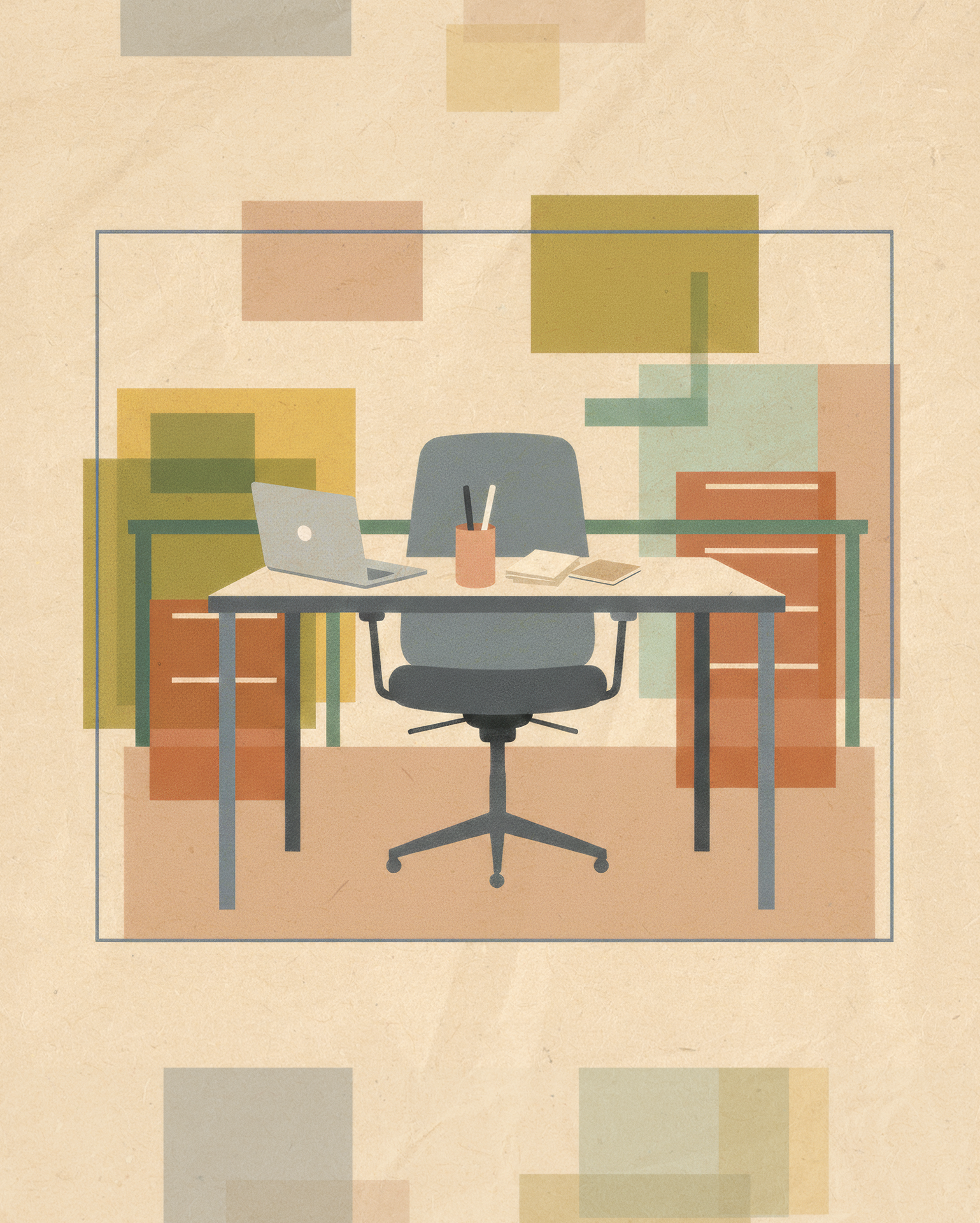 Maternity Leave-desk with laptop and empty chair behind. office background