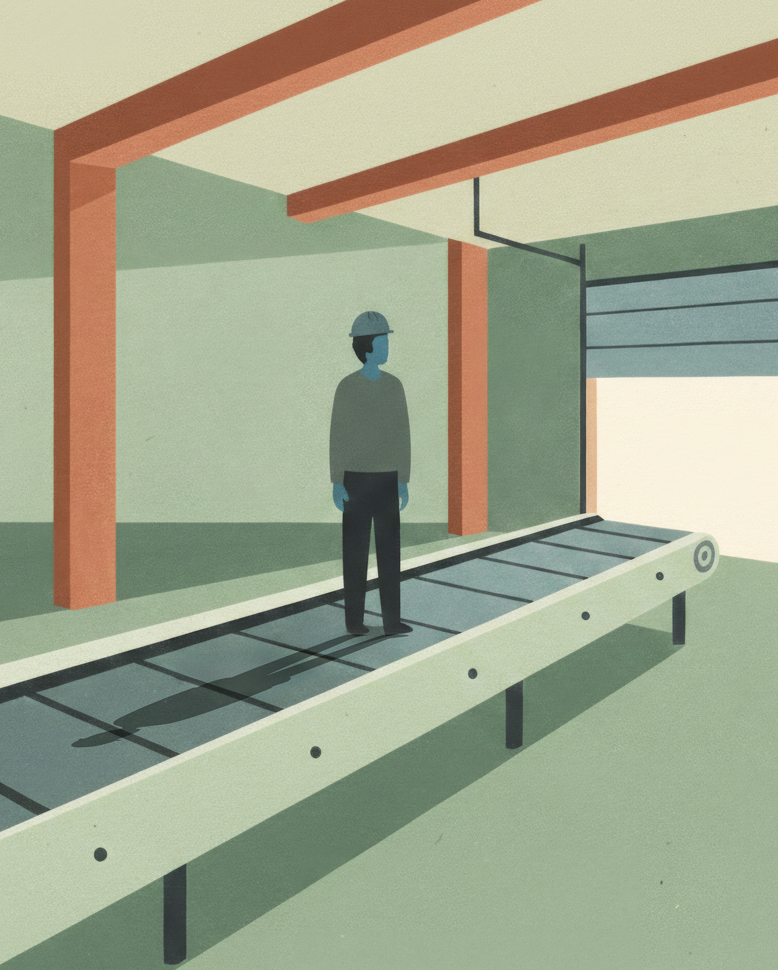 constructive dismissal claims-man standing on conveyor belt heading out of a garage setting