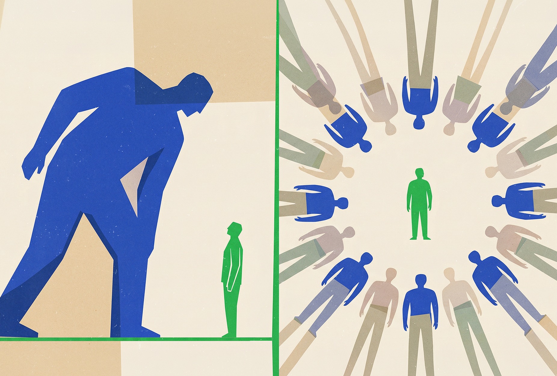 Hostile Work Environment-Large blue human towering over small green human. green human in center of circle of human figures