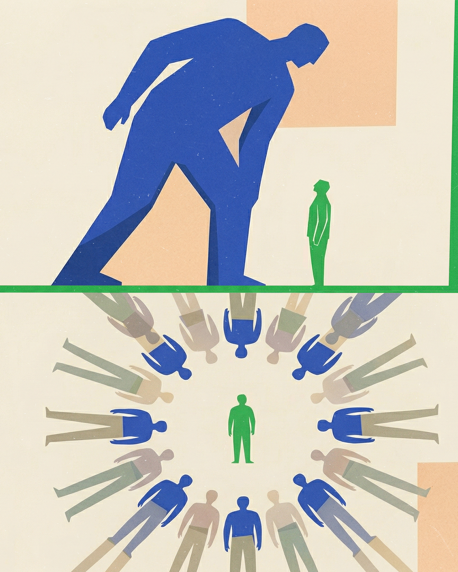 Hostile Work Environment-Large blue human towering over small green human. green human in center of circle of human figures