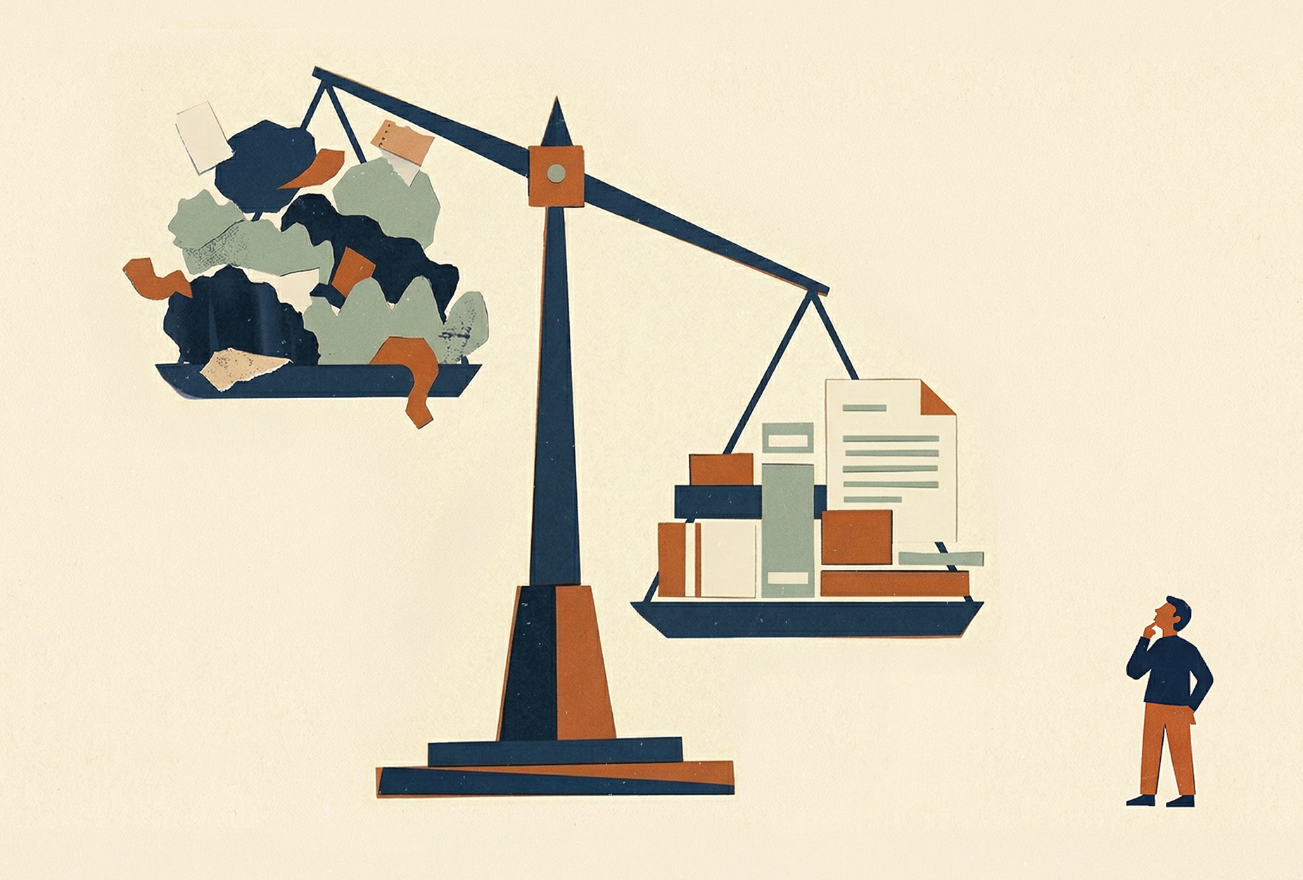 wrongful termination-man beneath large uneven scale. Right side of scale heavier than the left.